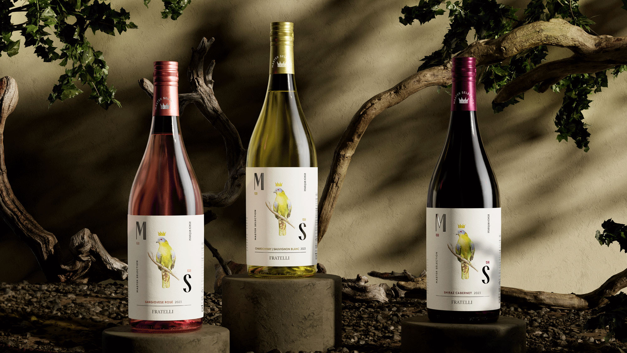 MS Fratelli wine bottles staged among tree branches